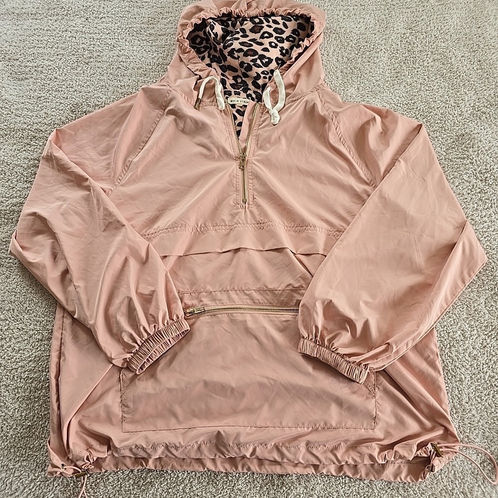 Main Strip Windbreaker Jacket Pink W/leopard Lining Hooded Lightweight 1/2 Zip